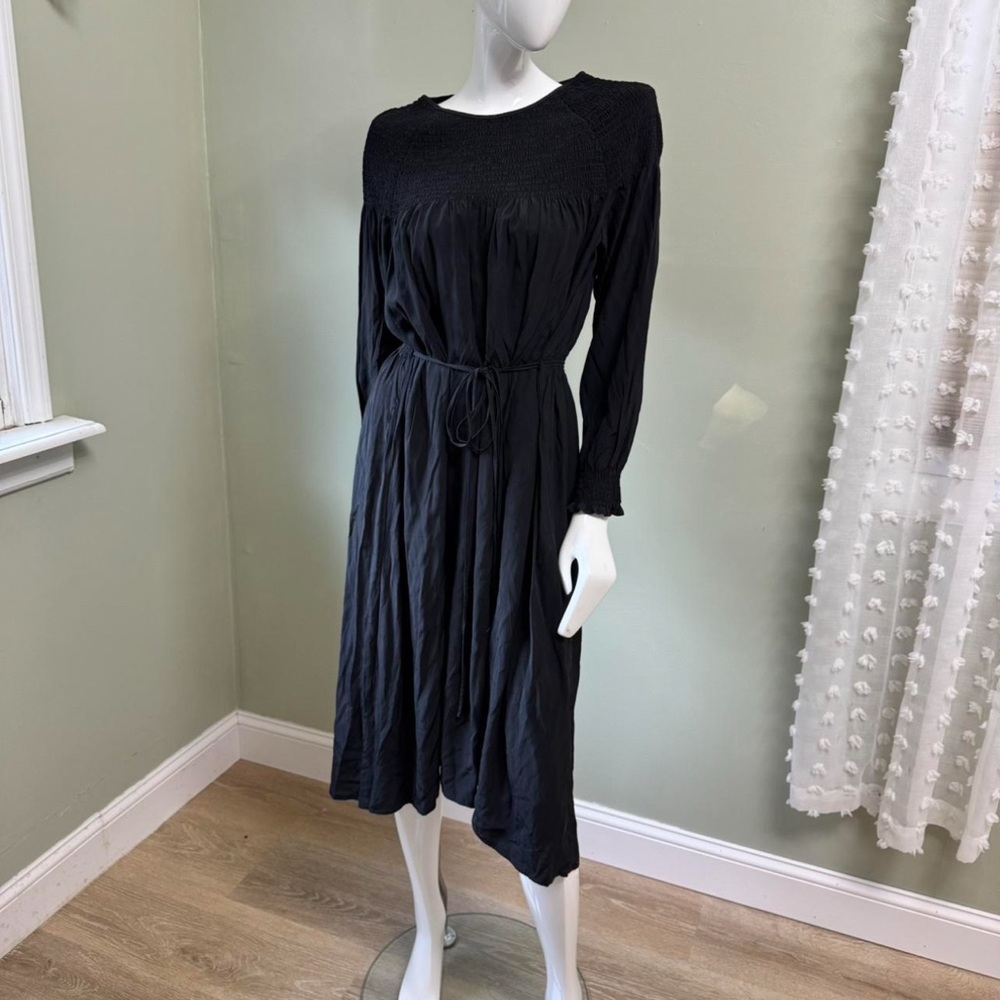 Tibi Black Smocked‎ Midi Dress – Long Sleeve Button Back Boho Chic